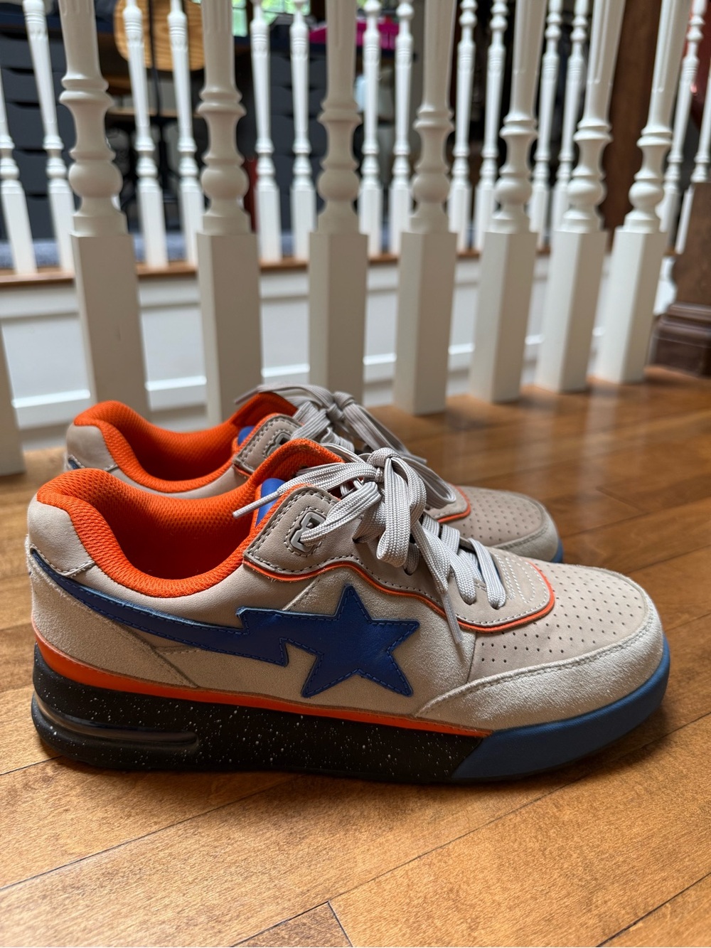 Bape Beige Suede Sneakers with Orange Interior and Blue Star
